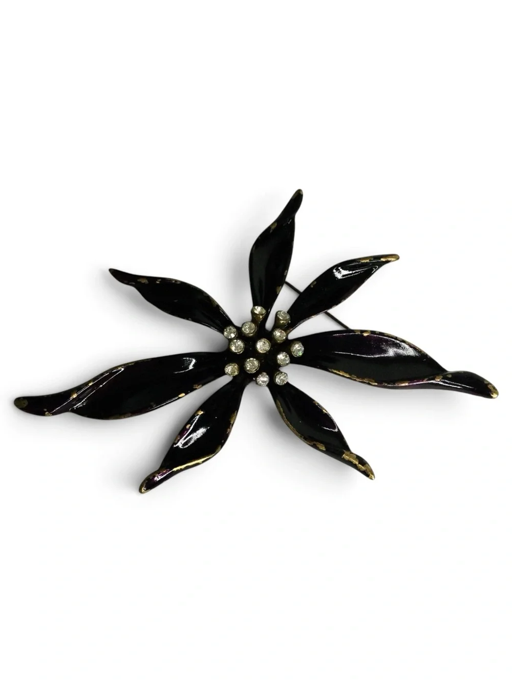 Vintage Ben-Amun Antiqued Gold-Tone Black-Purple Enamel Floral Rhinestone Brooch